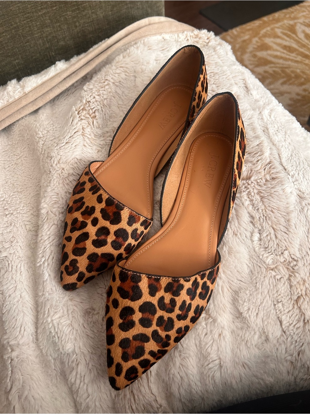 J. Crew Leopard Print Pointed D'Orsay Flats in Tan and Black